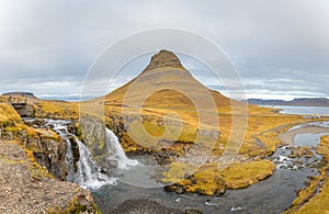 Kirkjufell in Iceland Kirkjufellsfoss waterfall panorama of fall and famous mountain