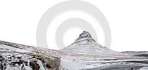 Kirkjufell Icelandic: Church Mountain and Kirkjufellsfoss waterfall with snow isolated on white background.