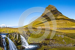 Kirkjufell and kirkjufellsfoss iceland in summer august