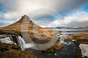 Kirkjufell mountain and the kirkjufellfoss waterfall in Iceland