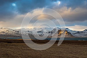 Kirkjufell mountain in a stormy winter day