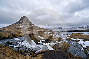 Kirkjufell mountain and waterfalls one of the landmarks in Iceland in Europe