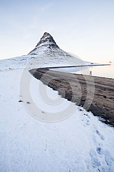 Kirkjufell view during winter snow