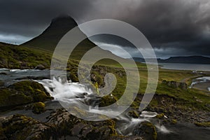 Kirkjufell volcano the coast of Snaefellsnes peninsula. Picturesque and gorgeous scene