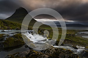 Kirkjufell volcano the coast of Snaefellsnes peninsula. Picturesque and gorgeous scene. Location Kirkjufellsfoss, Iceland