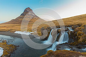 Kirkjufell Volcano Mountain with waterfall