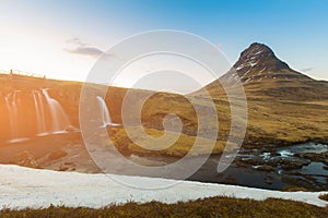 Kirkjufell volcano with waterfall, Iceland