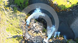 Kirkjufell Waterfalls aerial view, Iceland in summer season