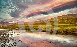 Kirkjufellfoss landscape at summer sunset, Iceland