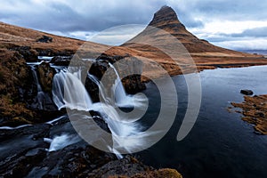 Kirkjufellfoss waterfalls at Snaefellness peninsula in Iceland