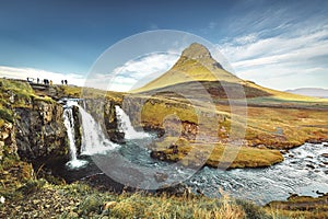 Kirkjufellsfoss In the daytime, blue sky and beautiful clouds