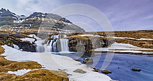 Kirkjufellsfoss-falls from lower area in Iceland