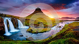 The Kirkjufellsfoss waterfall the coast of Snaefellsnes peninsula. Location Iceland