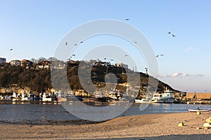 Kirklareli Turkey Igneada harbor, fishing boats, sunset and the view of the harbor and close above