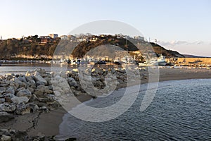 Kirklareli Turkey Igneada harbor, fishing boats, sunset and the view of the harbor and close above