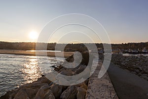 Kirklareli Turkey Igneada harbor, fishing boats, sunset and the view of the harbor and close above