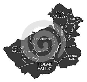 Kirklees metropolitan borough Map England UK labelled black illustration