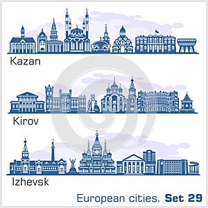 Kirov, Kazan, Izhevsk City skyline set. Russia. Vector silhouette on white.
