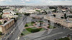 Kirov Square in St. Petersburg with a monument to Lenin in the middle. Aerial