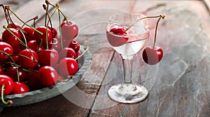 Kirsch or Kirschwasser in a glass and fresh cherry