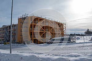 KIRUNA, LAPLAND SWEDEN - APRIL 3, 2024: Kiruna new city center. New residential area close to Kurravaaravagen.