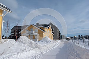 KIRUNA, LAPLAND SWEDEN - APRIL 3, 2024: Kiruna new city center. New residential area close to Kurravaaravagen.