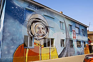 Kirzhach city, Russia, house with a portrait of cosmonaut Yuri Gagarin.