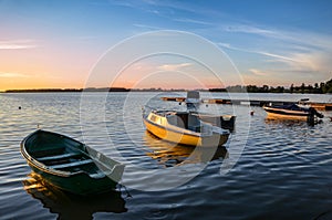 Kisajno Lake and moored boats, Masuria