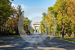 Kiseleff street in Bucharest, Romania. Arch of Triumph