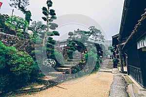 Kiso valley is the old town or Japanese traditional wooden houses for the travelers walking at historic old street in Narai-juku