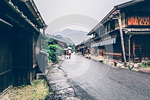 Kiso valley is the old town or Japanese traditional wooden houses for the travelers walking at historic old street in Narai-juku