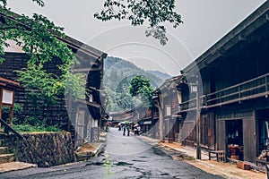 Kiso valley is the old  town or Japanese traditional wooden houses for the travelers walking at historic old street  in Narai-juku