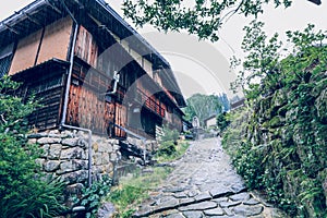 Kiso valley is the old  town or Japanese traditional wooden houses for the travelers walking at historic old street  in Narai-juku