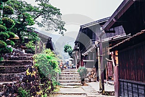 Kiso valley is the old  town or Japanese traditional wooden houses for the travelers walking at historic old street  in Narai-juku