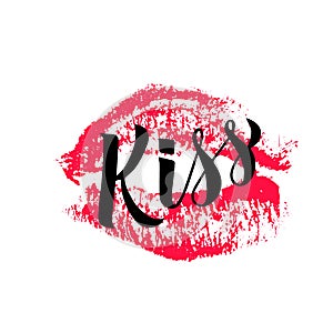 Kiss calligraphy hand lettering with lipstick kiss isolated on white. Imprint of red lips. Vector template for typography poster,