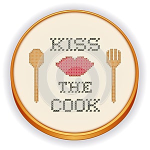 Kiss the Cook Cross Stitch Embroidery on Wood Hoop