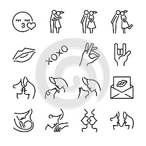 Kiss icon set. Included the icons as love, couple, lover, miss, care, adore and more.