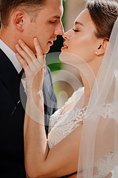 kiss. lovers and happy bride and groom. romance and tenderness in relationships.