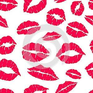 Kiss mark seamless pattern in red and pink colors. Lips prints silhouette. Stamp makeup printfrom mouth. Vector