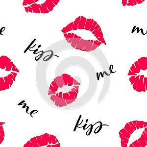 Kiss mark seamless pattern in red and pink colors. Lips prints silhouette. Stamp makeup printfrom mouth. Vector