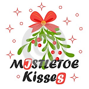 Kiss Me Under The Mistletoe. Man and woman embrace under Christmas mistletoe.