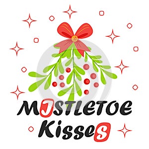 Kiss Me Under The Mistletoe. Man and woman embrace under Christmas mistletoe.