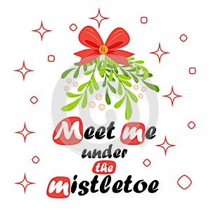 Kiss Me Under The Mistletoe. Man and woman embrace under Christmas mistletoe.