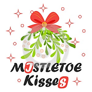 Kiss Me Under The Mistletoe. Man and woman embrace under Christmas mistletoe.