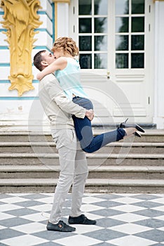 Kiss. Romantic love story, couple in park. Outdoor