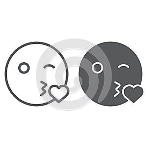 Kiss smile line and glyph icon, emoticon and expression, love emoji sign, vector graphics, a linear pattern on a white