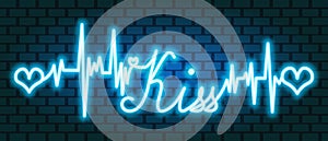 Kiss. The text is embellished with pulses and hearts. Blue neon glow. Background brick wall