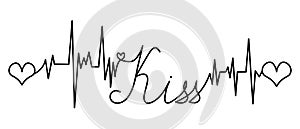 Kiss. The text is embellished with pulses and hearts. Broken zigzag line and lettering in italics