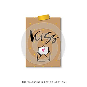 Kiss. Valentines day calligraphy gift card. Envelope with heart.
