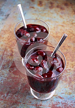 Kissel with cherries in a glass